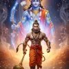 3D Lord Hanuman with Ram Behind in Fiery Divine Aura