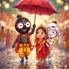 Cute Jagannath Family Rain Scene Rath Yatra Wallpaper