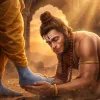 Hanuman Touching Lord Ram Feet True Devotion Wallpaper