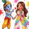 Cute Krishna Playing Holi with Radha Cartoon Wallpaper