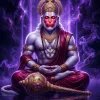 Divine Meditating Lord Hanuman in Cosmic Purple Aura – Spiritual Serenity Wallpaper