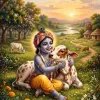 Cute Baby Krishna with Cow Wallpaper – Divine Vrindavan Sunset Scene