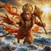 Flying Lord Hanuman Wallpaper – Divine Power Over the Ocean