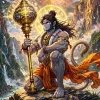 Divine Lord Hanuman with Sacred Gada Wallpaper – Celestial Valley Sunrise HD