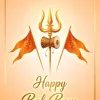 Happy Bol Bam Wallpaper – Golden Trishul, Damru & Om Flags HD Devotional Background