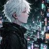 Cyberpunk Anime Boy Wallpaper – Rainy Neon Cityscape HD 4K Aesthetic Background