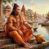 Hanuman Ji by the Sacred River Ghats – Peaceful Temple City Wallpaper