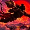 Lord Hanuman Flying with Golden Gada Against a Fiery Red Sun