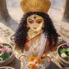 Divine Goddess Durga Idol with Golden Crown and Flowers in a Sacred Temple Setting