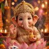 Adorable Baby Ganesha Sitting on a Pink Lotus with Marigold Flowers and Diya