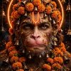 Powerful Lord Hanuman Portrait Adorned with Marigold Flowers and Temple Bells with Glowing Halo