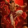 Dynamic Lord Hanuman Performing a Divine Dance Before a Glowing Red Moon in a Temple Setting