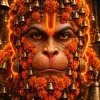 Divine Hanuman Face Adorned with Marigold Garlands and Temple Bells in a Radiant Sacred Aura