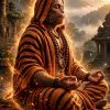 Meditative Hanuman in Sacred Mountain Temple with Saffron Robe and Divine Golden Aura