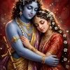 Divine Radha Krishna Embrace with Peacock Feather Crown and Traditional Indian Attire
