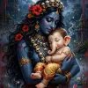 Divine Mother Kali Embracing Ganesha Beneath a Moonlit Sacred Sky