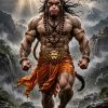 Fierce Lord Hanuman Walking Through a Stormy Mountain Landscape