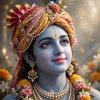 Serene Krishna Portrait with Floral Turban, Pearl Jewelry and Peacock Feather