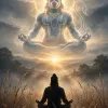 Meditating Devotee Beneath Divine Hanuman – Spiritual Sunrise Meditation Wallpaper