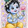 Cute Baby Krishna Holding a Lotus – Hand Drawn Devotional Krishna Artwork
