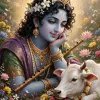 Krishna in a Dreamlike Lotus Garden with Flute and Peacock Feather