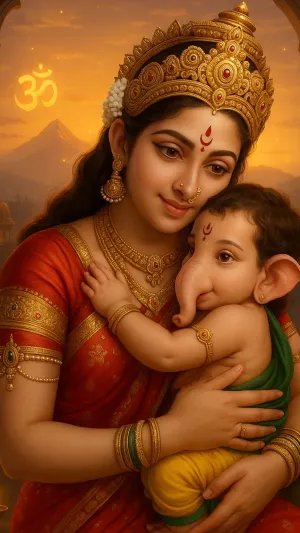 Maa Parvati and Baby Ganesha Wallpaper – Divine Bond of Mother and Son