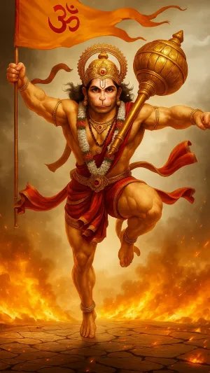 Lord Hanuman Digital Art – Fierce Warrior Pose with Flag and Gada
