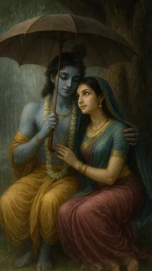 Monsoon Grace: Krishna & Radha Under One Umbrella