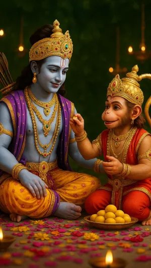 Lord Ram and Little Hanuman Sharing Sweets in Divine Bond