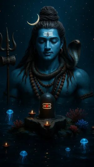 Lord Shiva Meditating in Cosmic Waters with Shivling