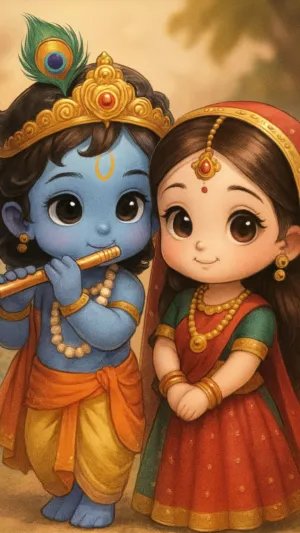 Cute Krishna and Radha in Traditional Attire