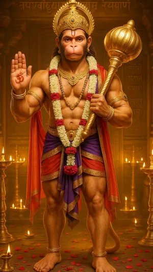 Standing Hanuman Ji HD Wallpaper with Gada and Blessing Pose