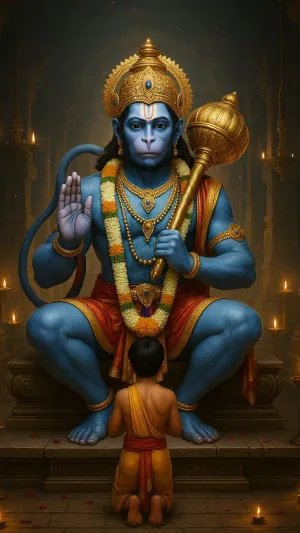 Blue Hanuman Ji Blessing a Devotee in Temple Wallpaper