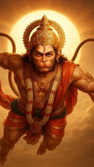 Flying Hanuman Ji with Glowing Sun Background