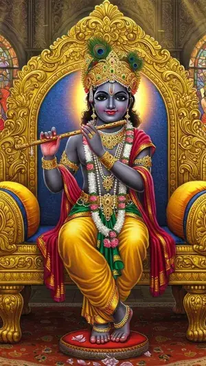 Lord Krishna Sitting on Throne Playing Flute