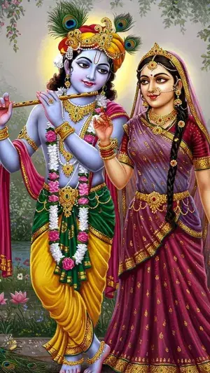 Radha Krishna Playing Flute in Divine Garden