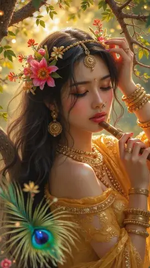 Divine Radha Playing the Flute in a Serene Forest
