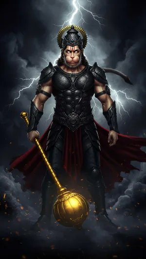 Black Armor Hanuman with Gada – Powerful HD Wallpaper