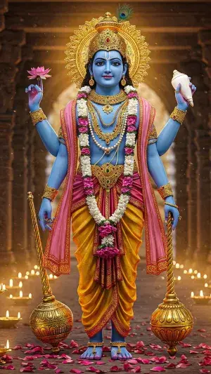 Shri Vishnu Bhagwan Wallpaper – Divine Hindu God in Temple Setting