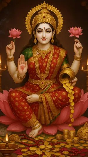 Traditional Lakshmi Mata with Gold Coins – HD Wallpaper