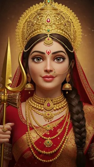 Divine Mata Durga in Red Saree with Trishul and Crown