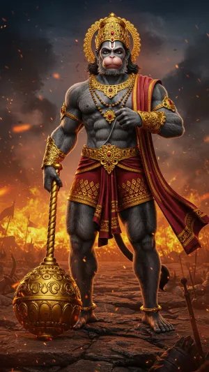 Powerful Hanuman with Gada Amidst Fiery Battlefield