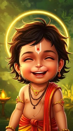 Smiling Bal Hanuman in Forest Divine Aura Artwork