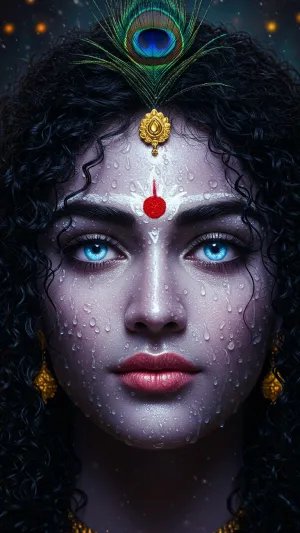 Divine Krishna Face with Blue Eyes & Raindrops