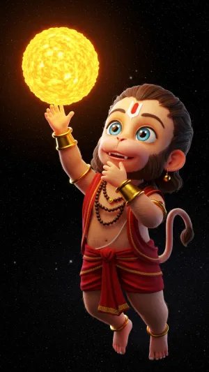 Cute Bal Hanuman Holding the Glowing Sun in Space