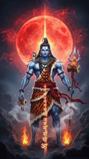 Lord Shiva with Trishul and Red Moon Background