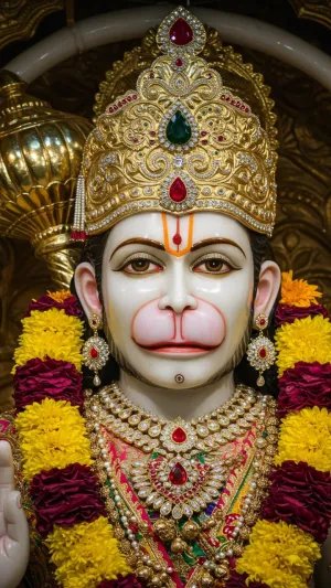 Ornate Hanuman Idol with Garland and Golden Crown