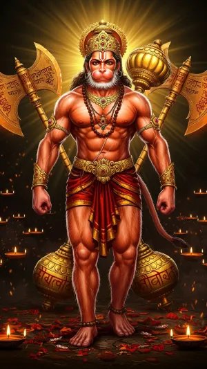 Powerful Lord Hanuman with Golden Axe and Divine Aura