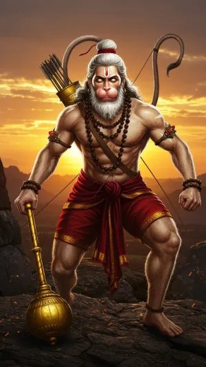 Fierce Lord Hanuman with Gada at Sunset Mountain