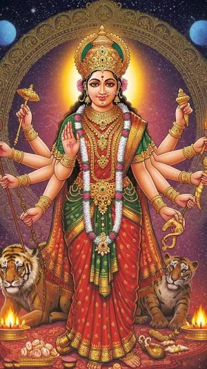 Divine Goddess Durga with Tiger and Celestial Background
